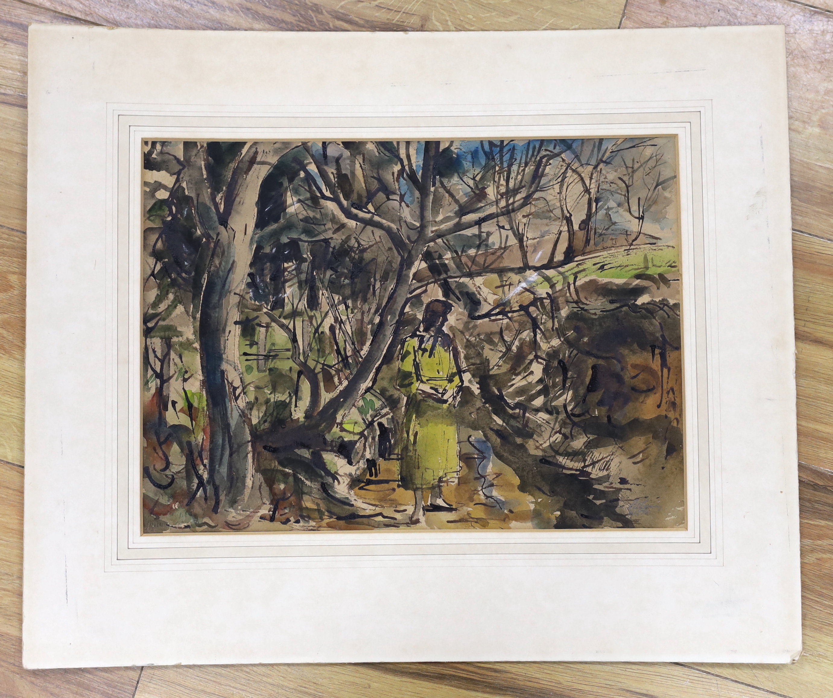 Modern British, ink and watercolour, Woman on a woodland path, indistinctly signed and dated 1954, 28 x 38cm, unframed